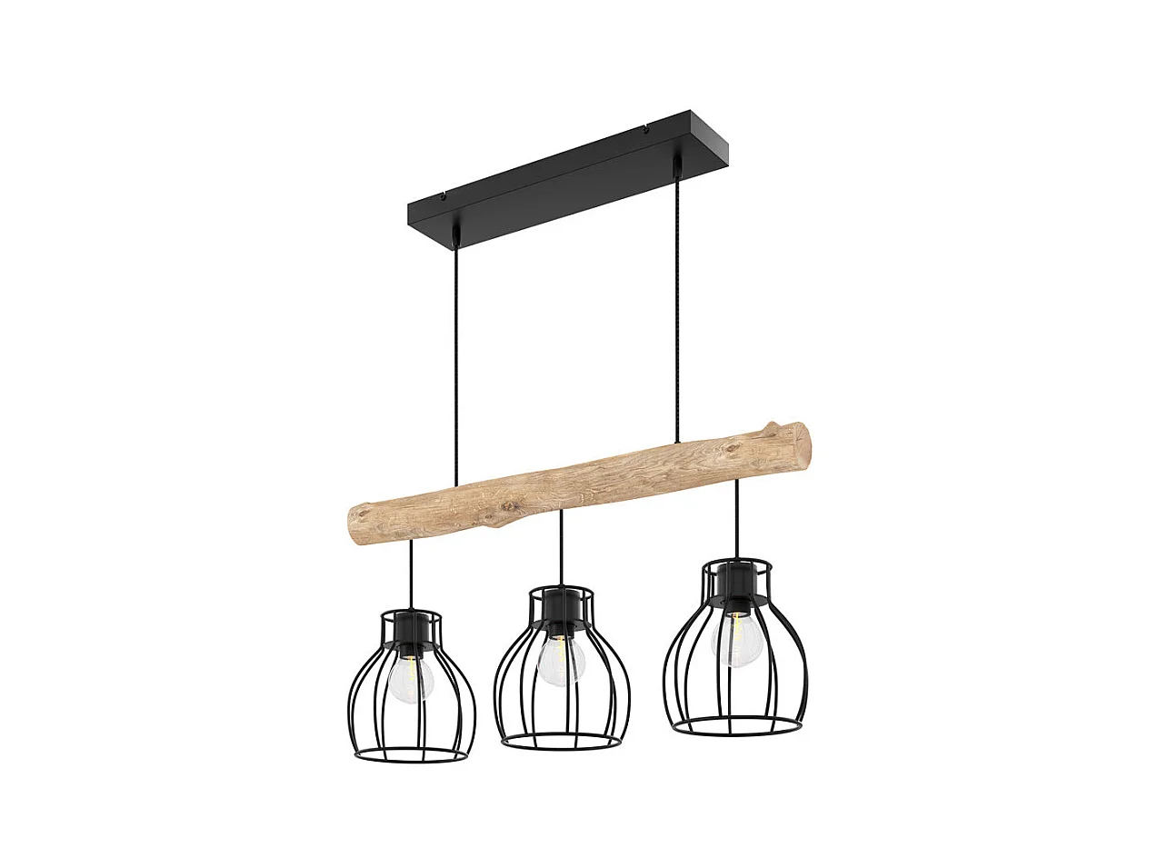 Lampada a sospensione a 3 luci in legno di eucalipto e metallo nero - Abby