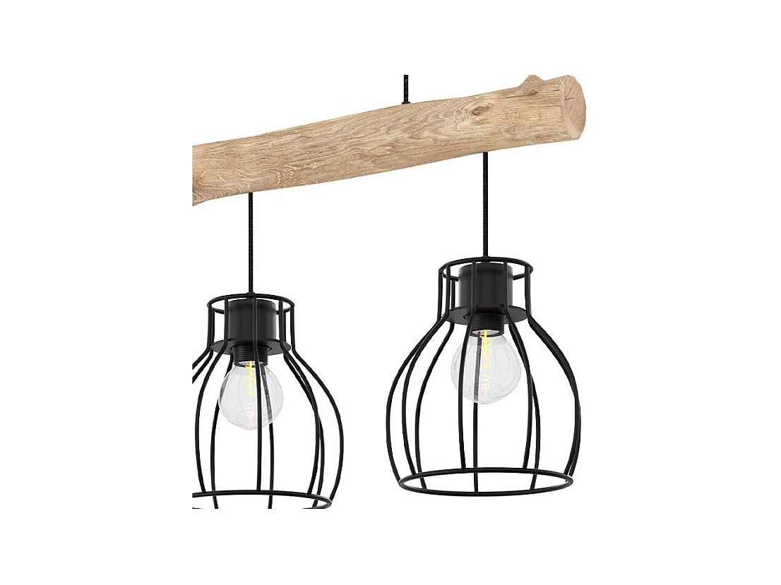 Lampada a sospensione a 3 luci in legno di eucalipto e metallo nero - Abby
