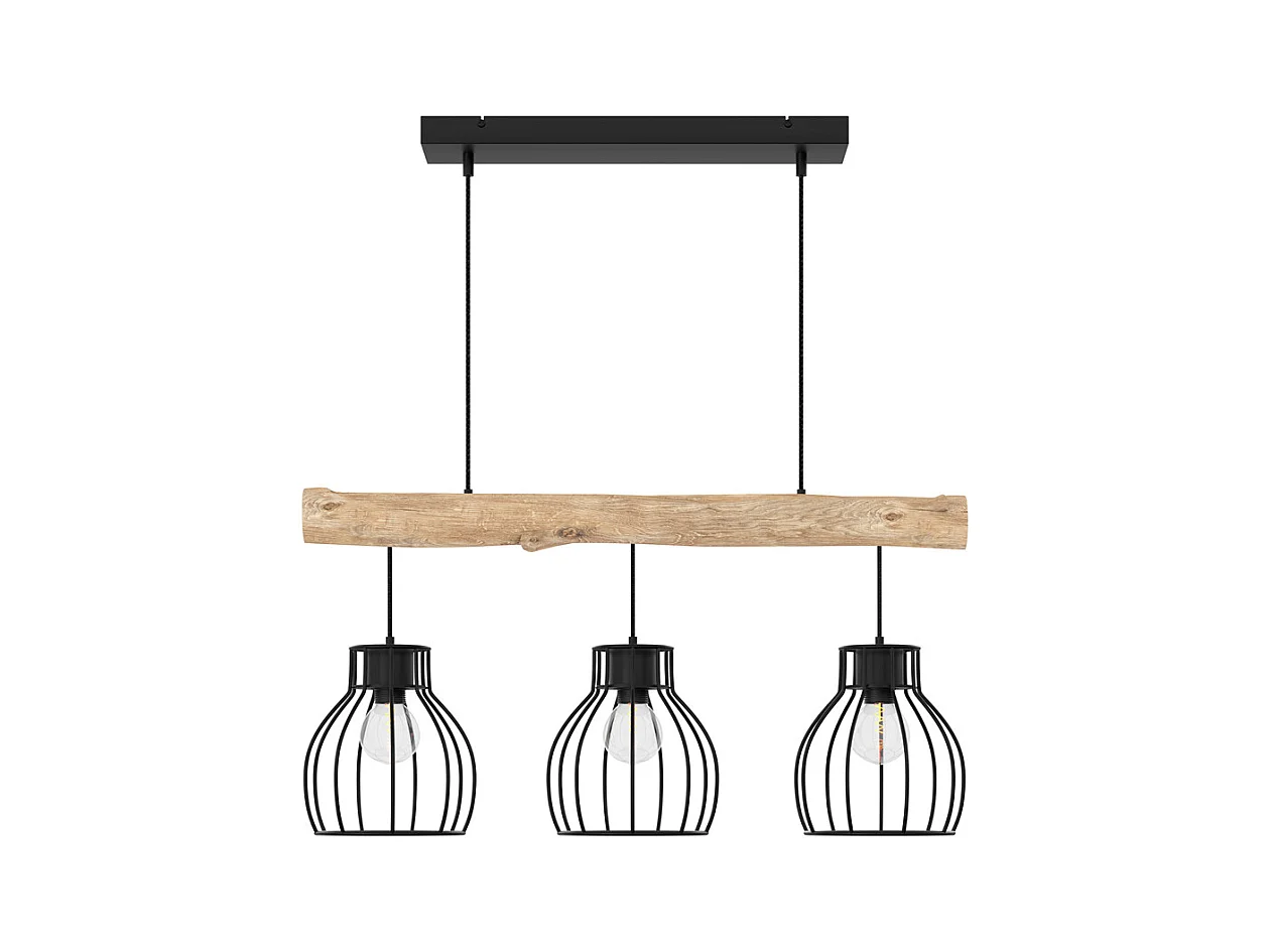 Suspension 3 lampes en bois d'eucalyptus et métal noir - Abby