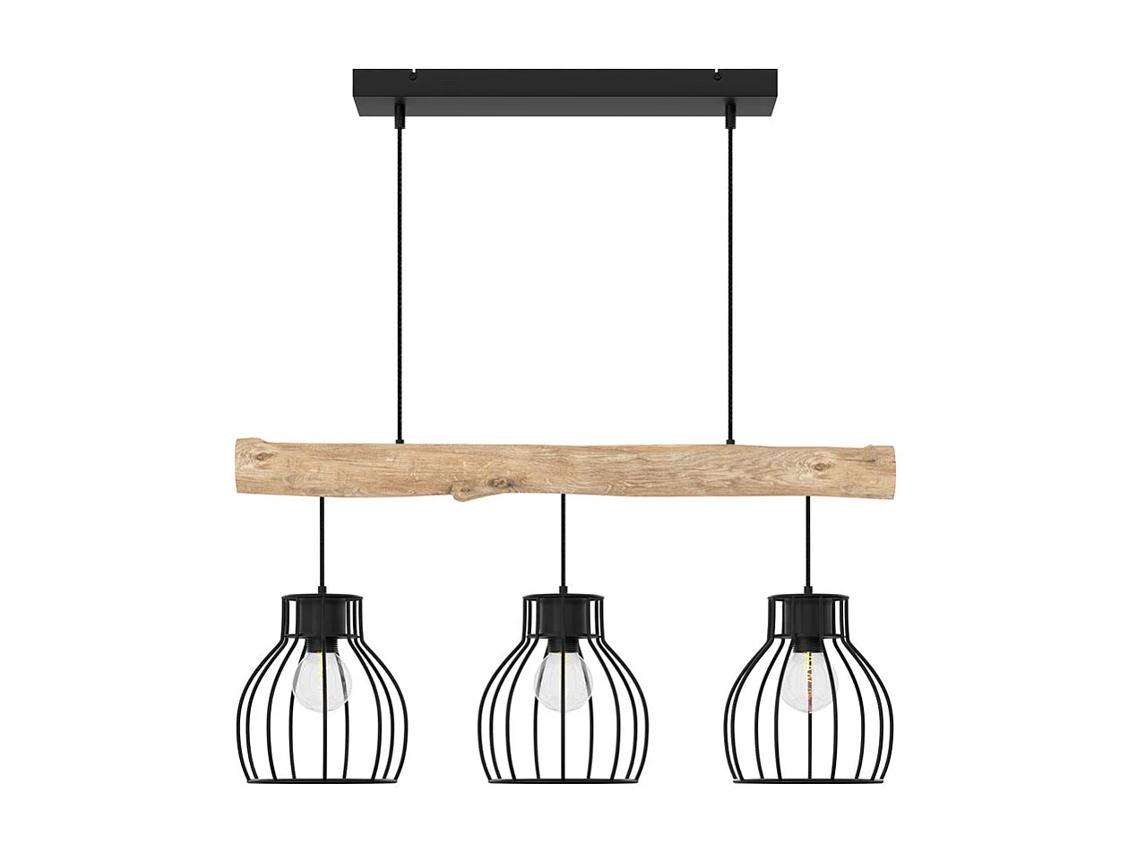 Lámpara colgante de 3 luces en madera de eucalipto y metal negro - Abby