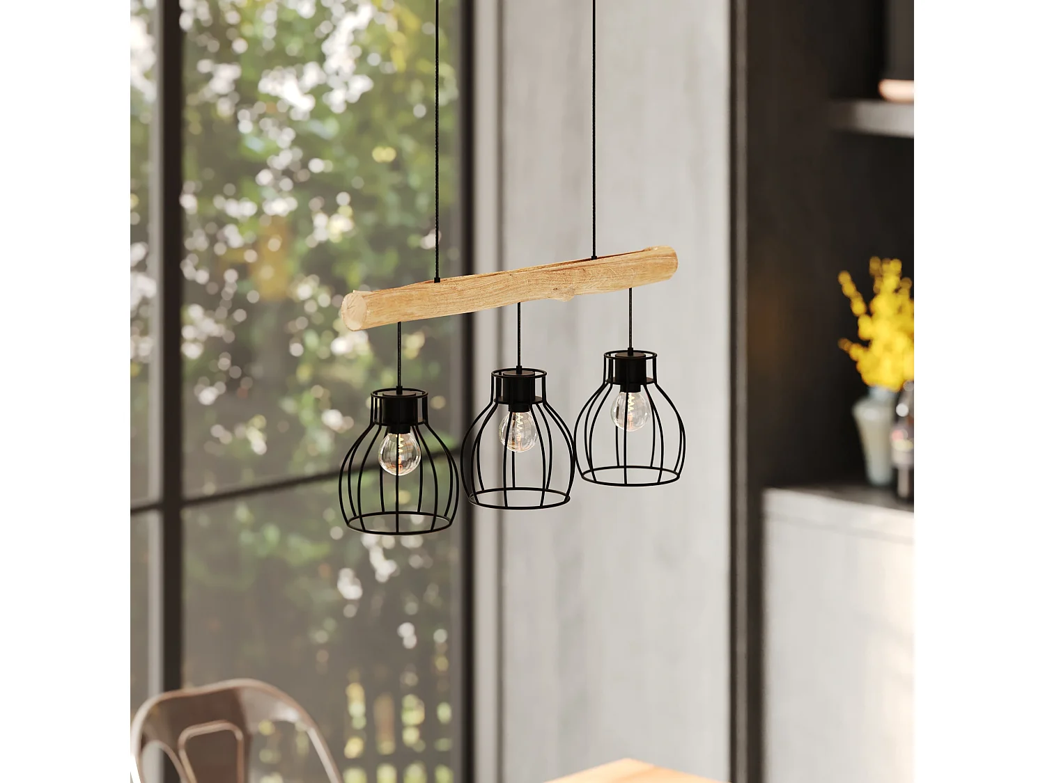 Lámpara colgante de 3 luces en madera de eucalipto y metal negro - Abby