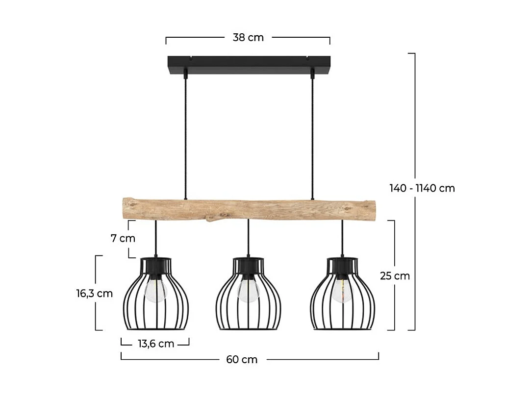 Lámpara colgante de 3 luces en madera de eucalipto y metal negro - Abby