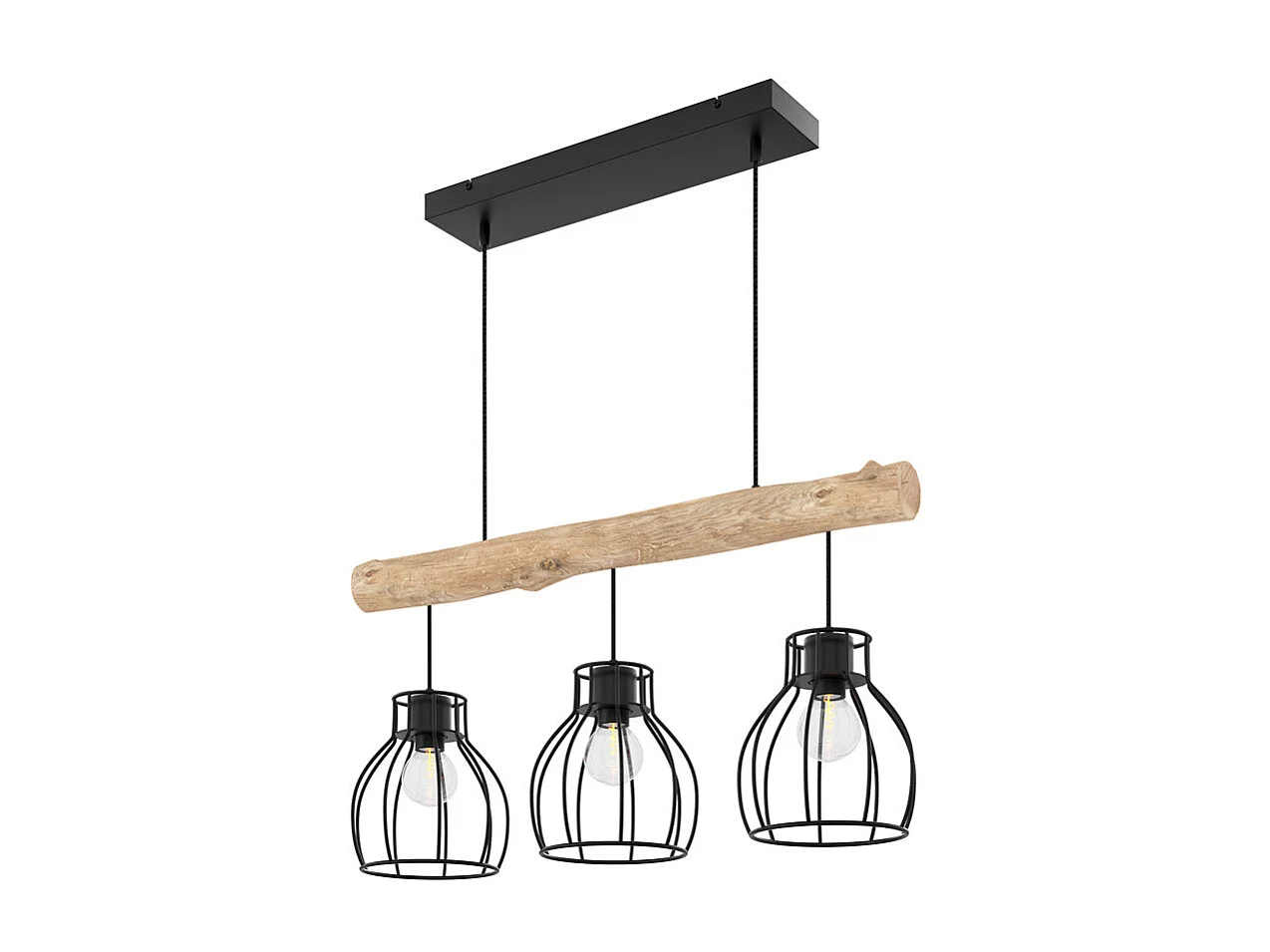 Lámpara colgante de 3 luces en madera de eucalipto y metal negro - Abby