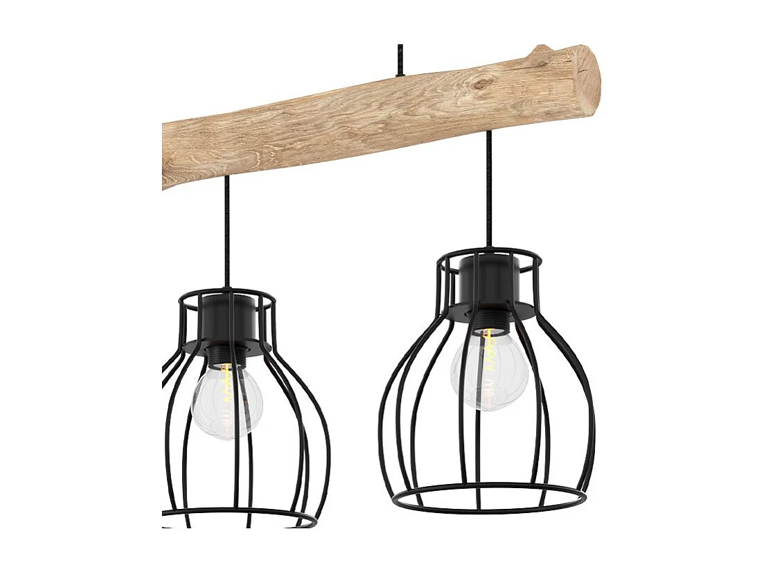 Lámpara colgante de 3 luces en madera de eucalipto y metal negro - Abby