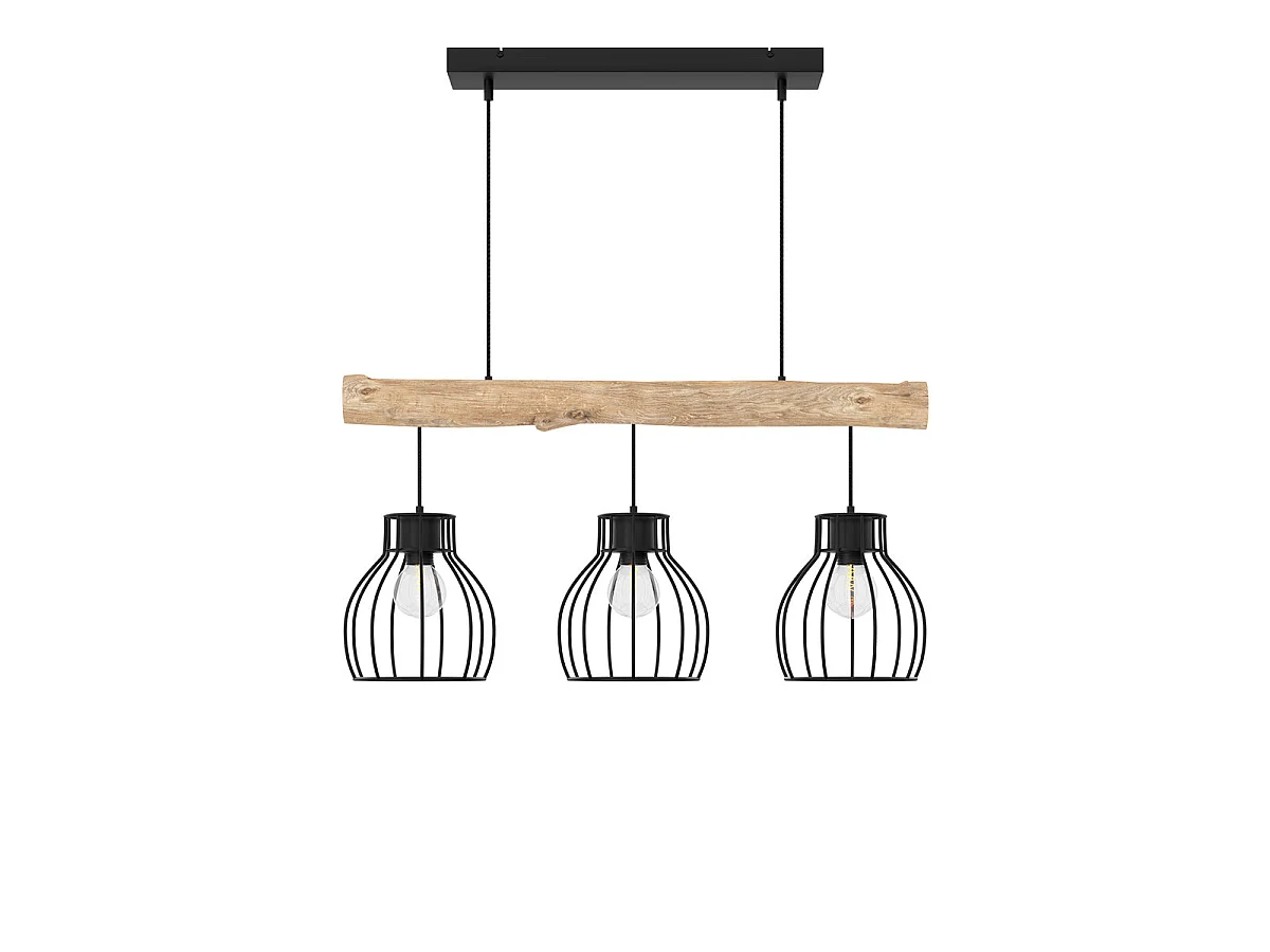 Lámpara colgante de 3 luces en madera de eucalipto y metal negro - Abby