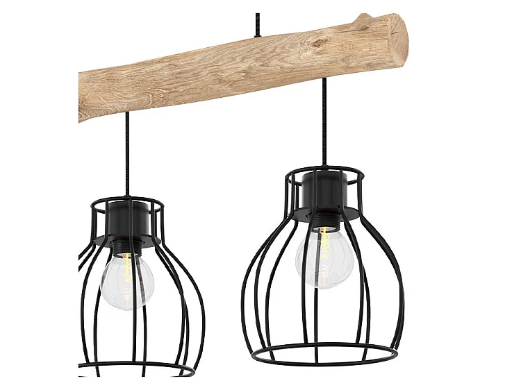 Lámpara colgante de 3 luces en madera de eucalipto y metal negro - Abby