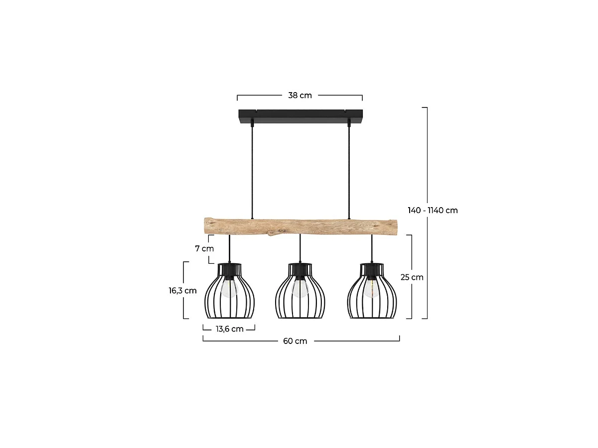 Lámpara colgante de 3 luces en madera de eucalipto y metal negro - Abby