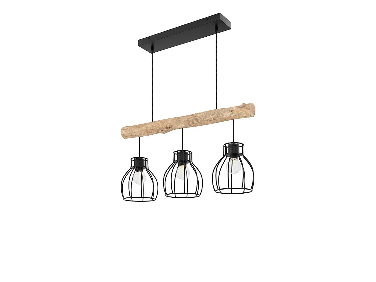 Lámpara colgante de 3 luces en madera de eucalipto y metal negro - Abby