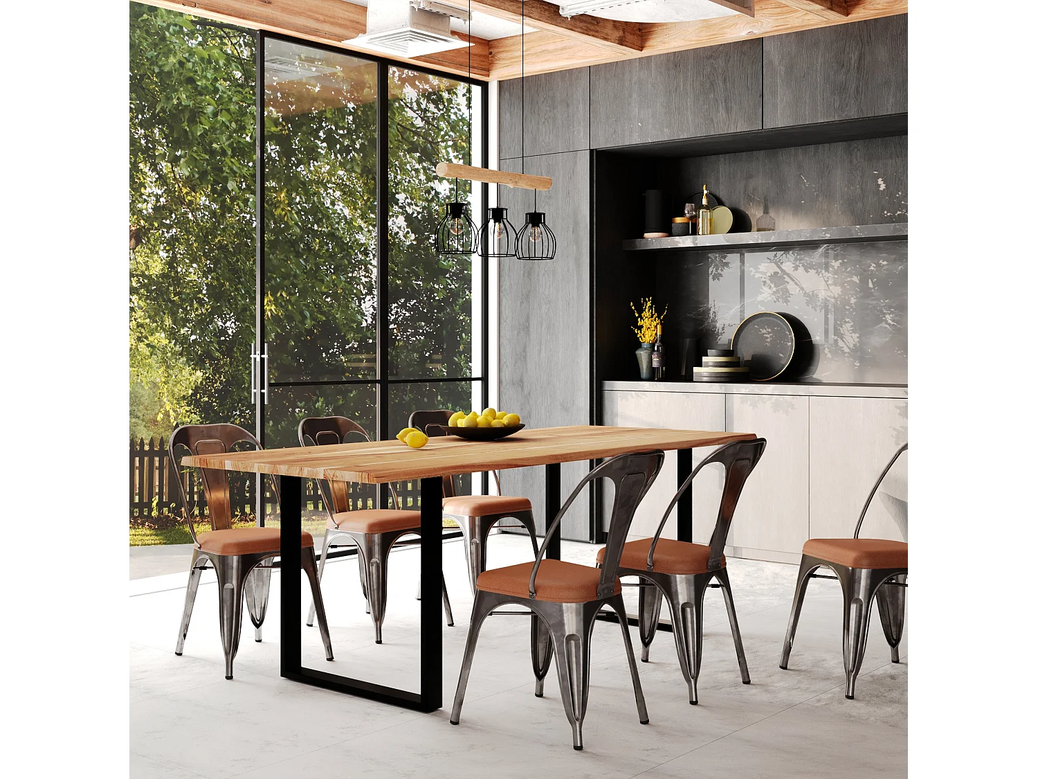 Lámpara colgante de 3 luces en madera de eucalipto y metal negro - Abby