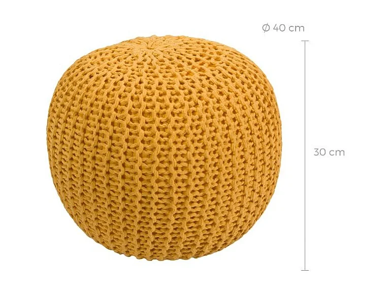 Pouf tricot rond en coton jaune moutarde D40 cm - Elisa