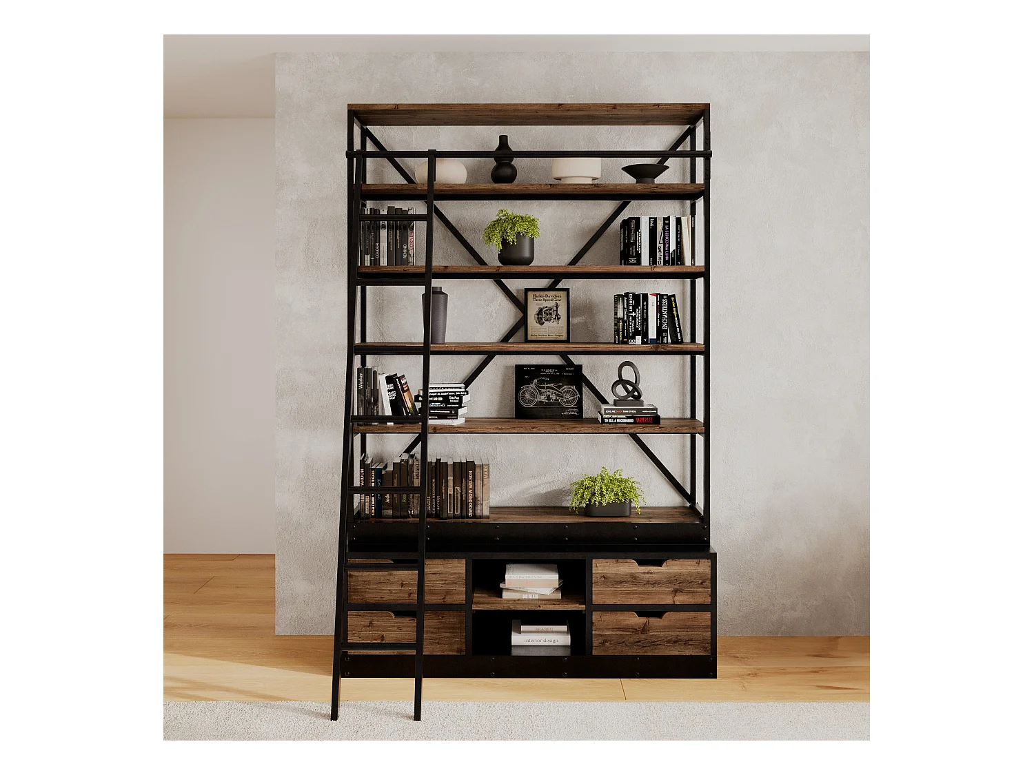Librería de madera y metal 160 cm con escalera, 4 cajones - Kasi