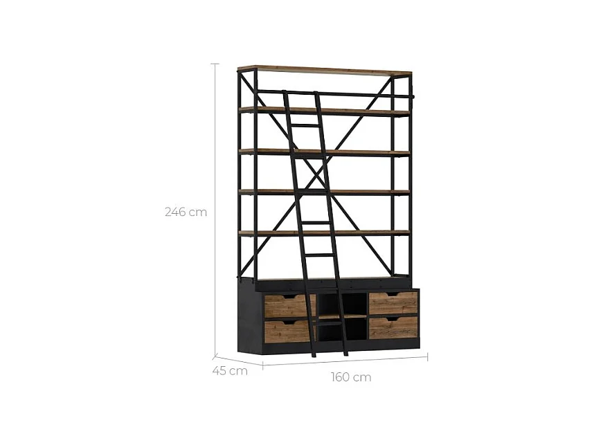 Librería de madera y metal 160 cm con escalera, 4 cajones - Kasi