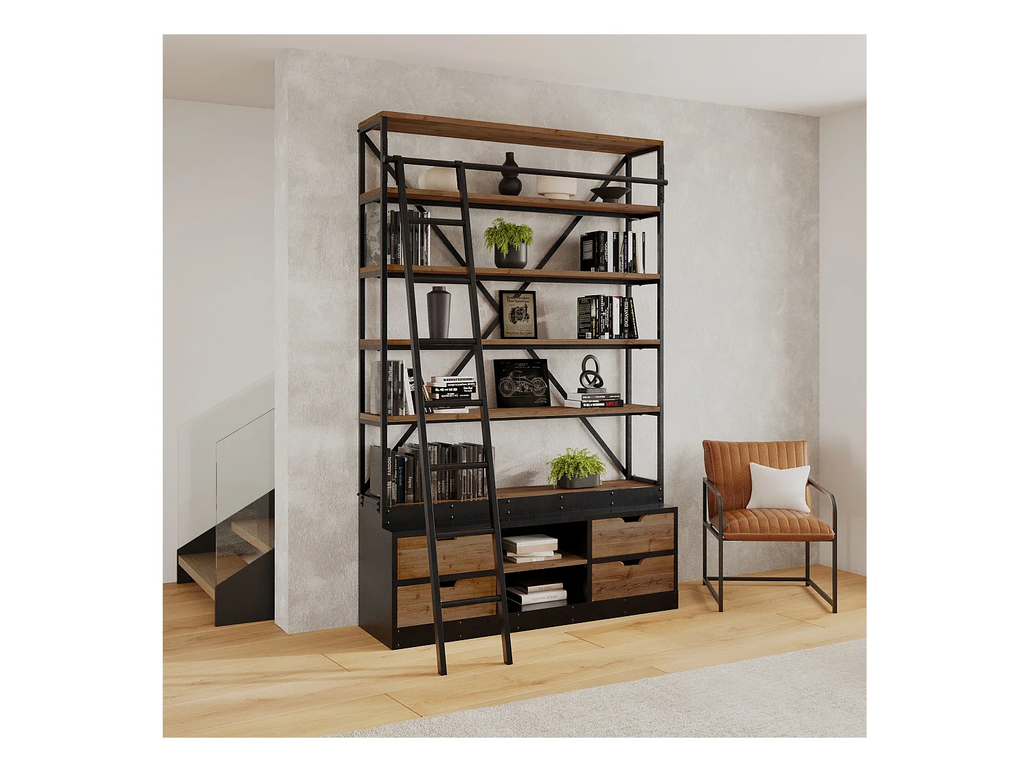 Librería de madera y metal 160 cm con escalera, 4 cajones - Kasi
