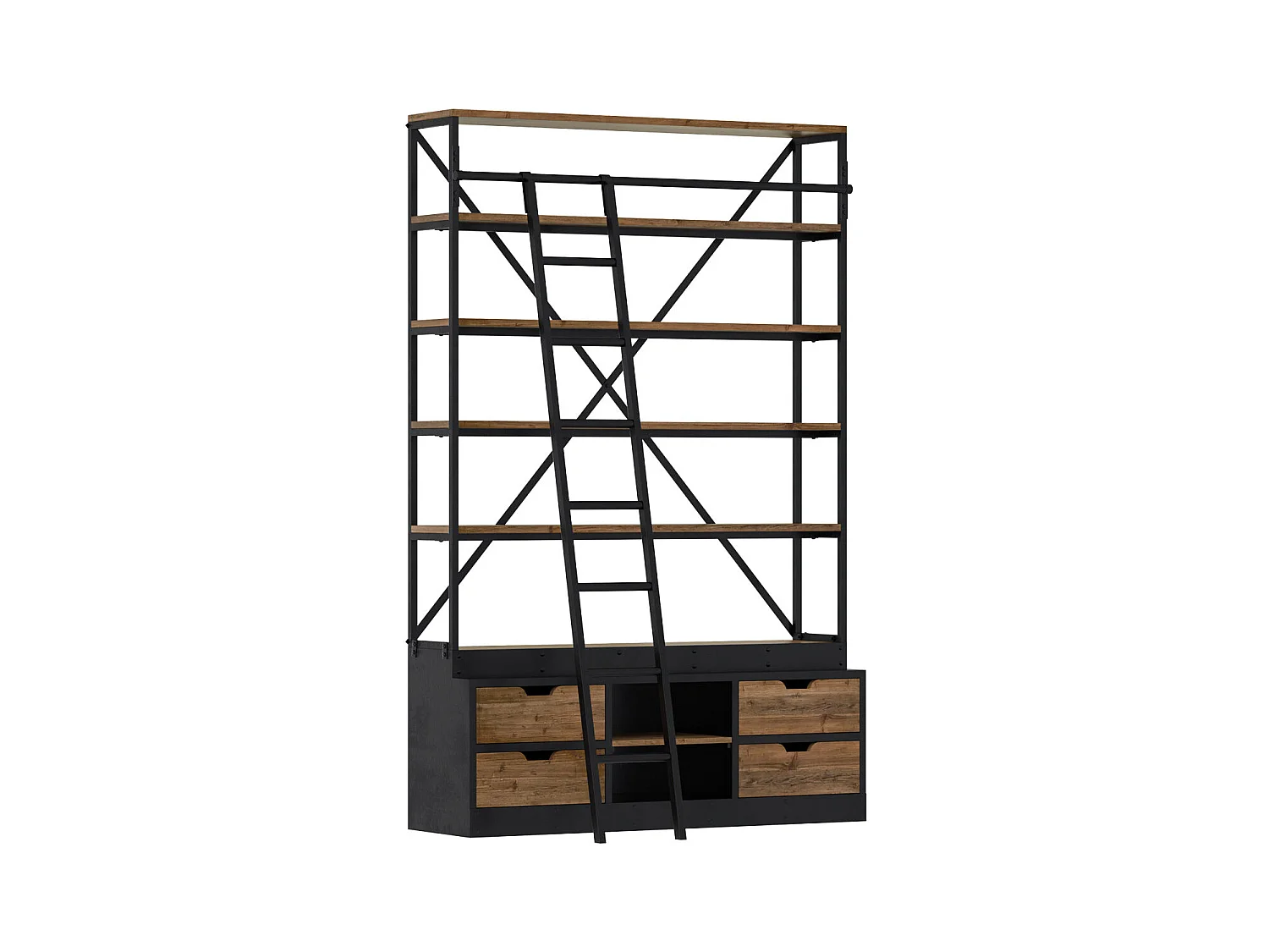 Librería de madera y metal 160 cm con escalera, 4 cajones - Kasi