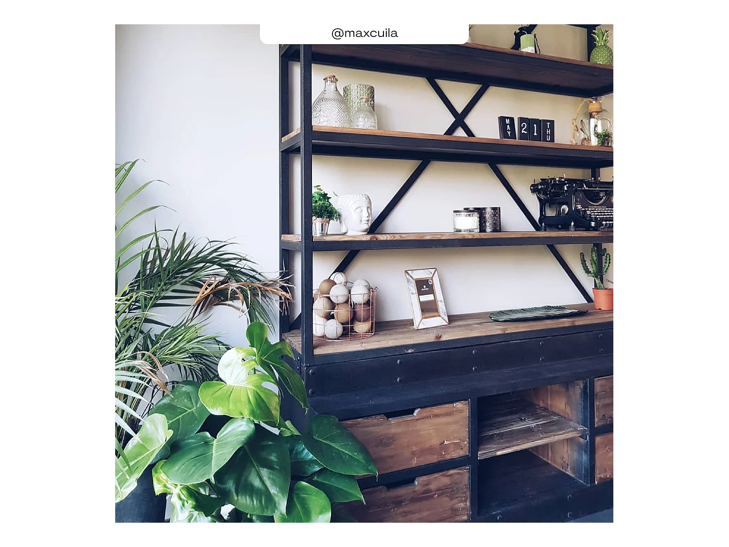 Librería de madera y metal 160 cm con escalera, 4 cajones - Kasi