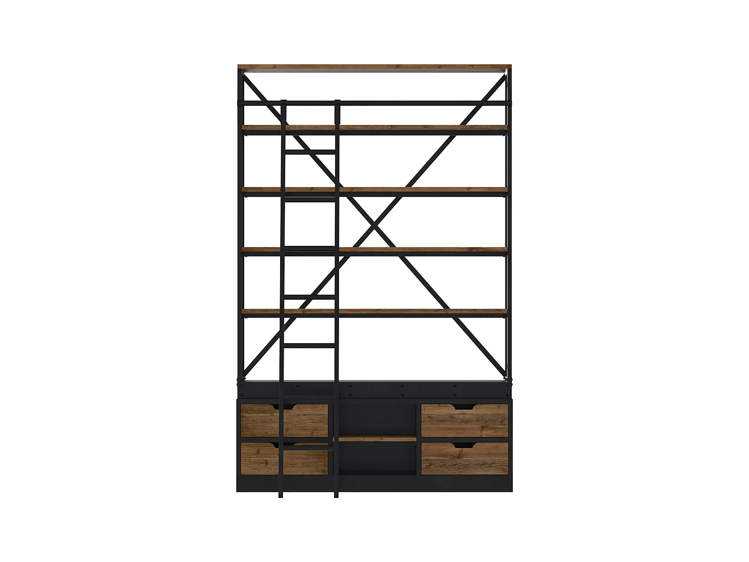 Bibliothèque 160 cm en bois et métal avec échelle, 4 tiroirs - Kasi