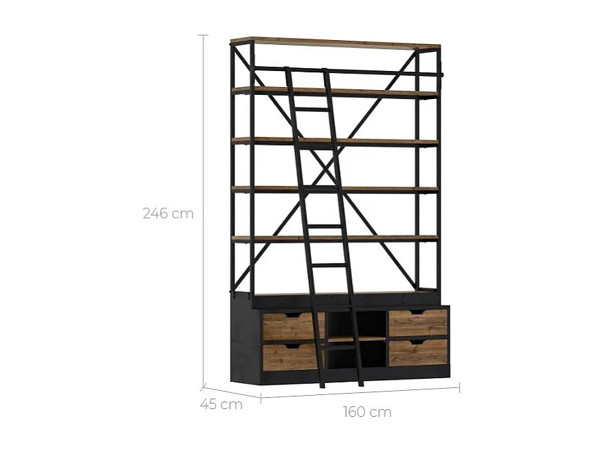Libreria con scala a 4 cassetti in legno e metallo 160 cm - Kasi