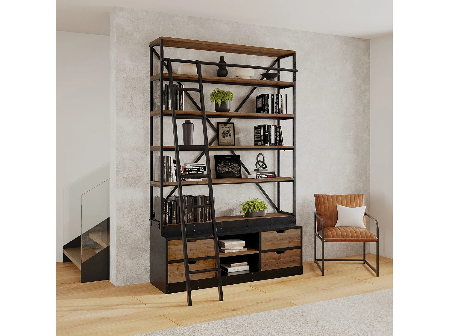Libreria con scala a 4 cassetti in legno e metallo 160 cm - Kasi