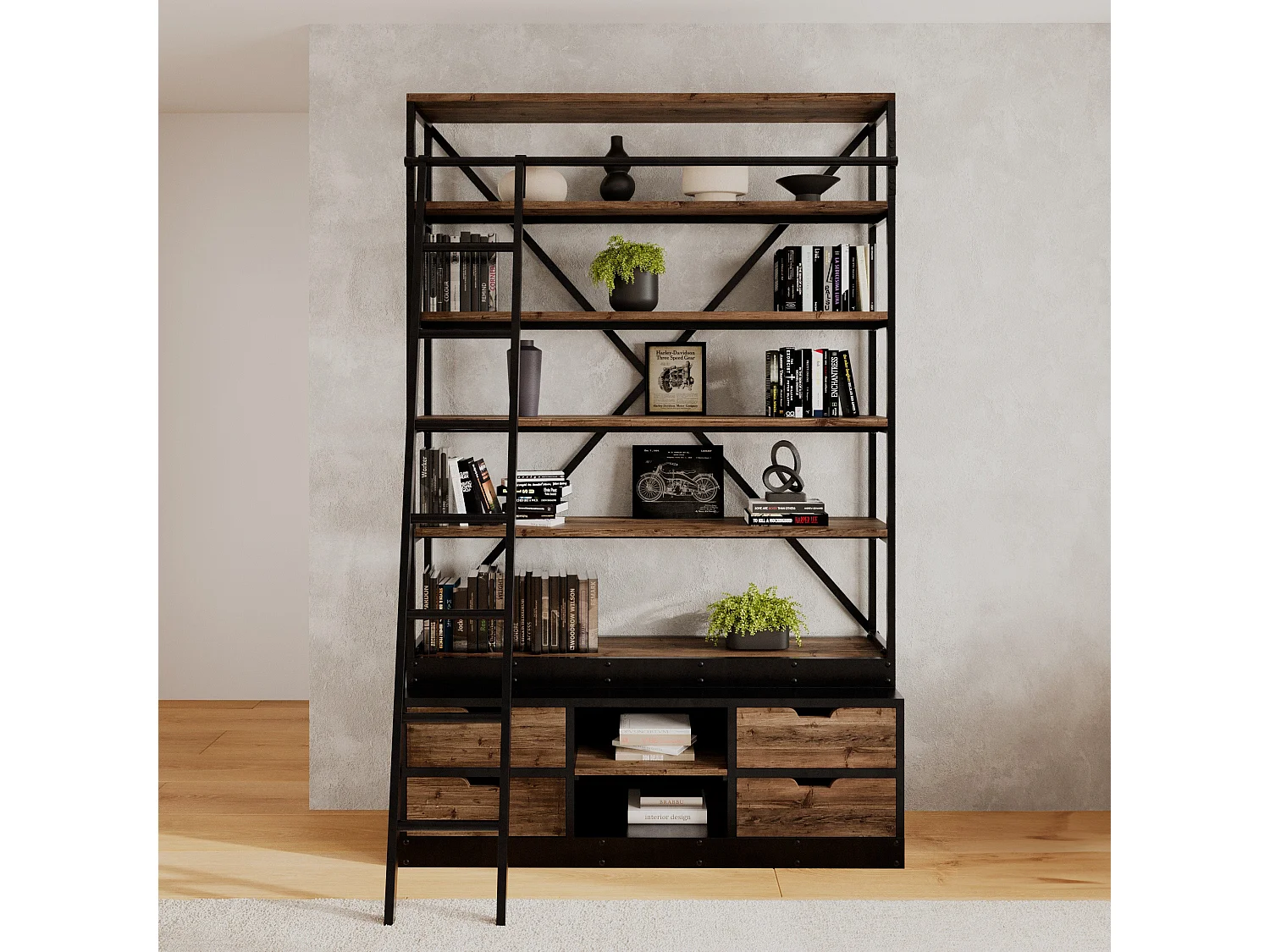 Libreria 160 cm in legno e metallo con scala, 4 cassetti - Kasi