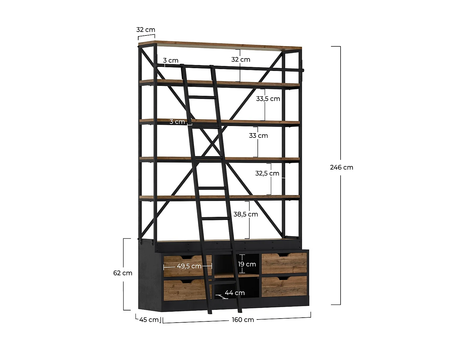 Libreria 160 cm in legno e metallo con scala, 4 cassetti - Kasi
