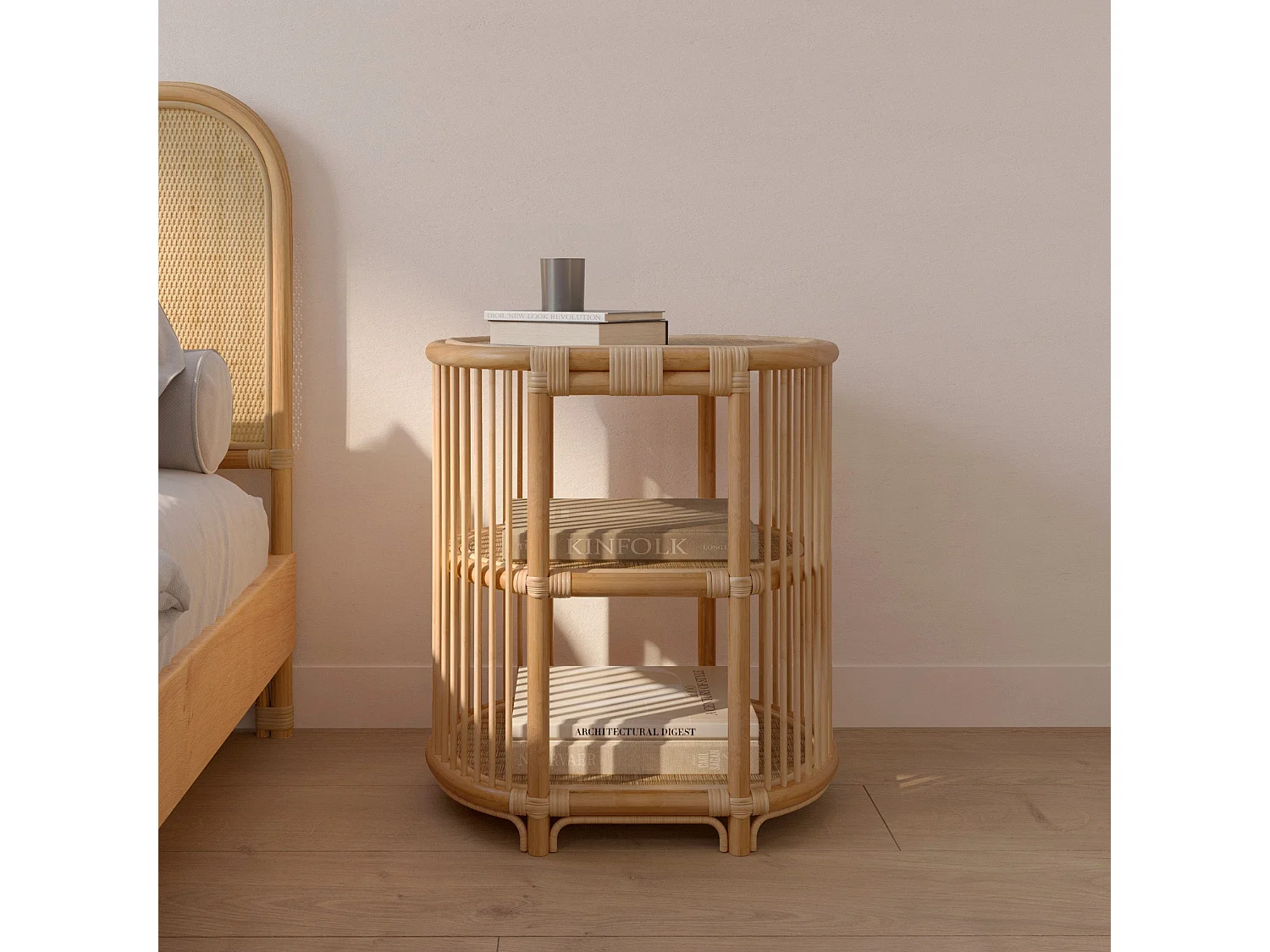 Mesa auxiliar de ratán natural con 2 estantes - Marthe