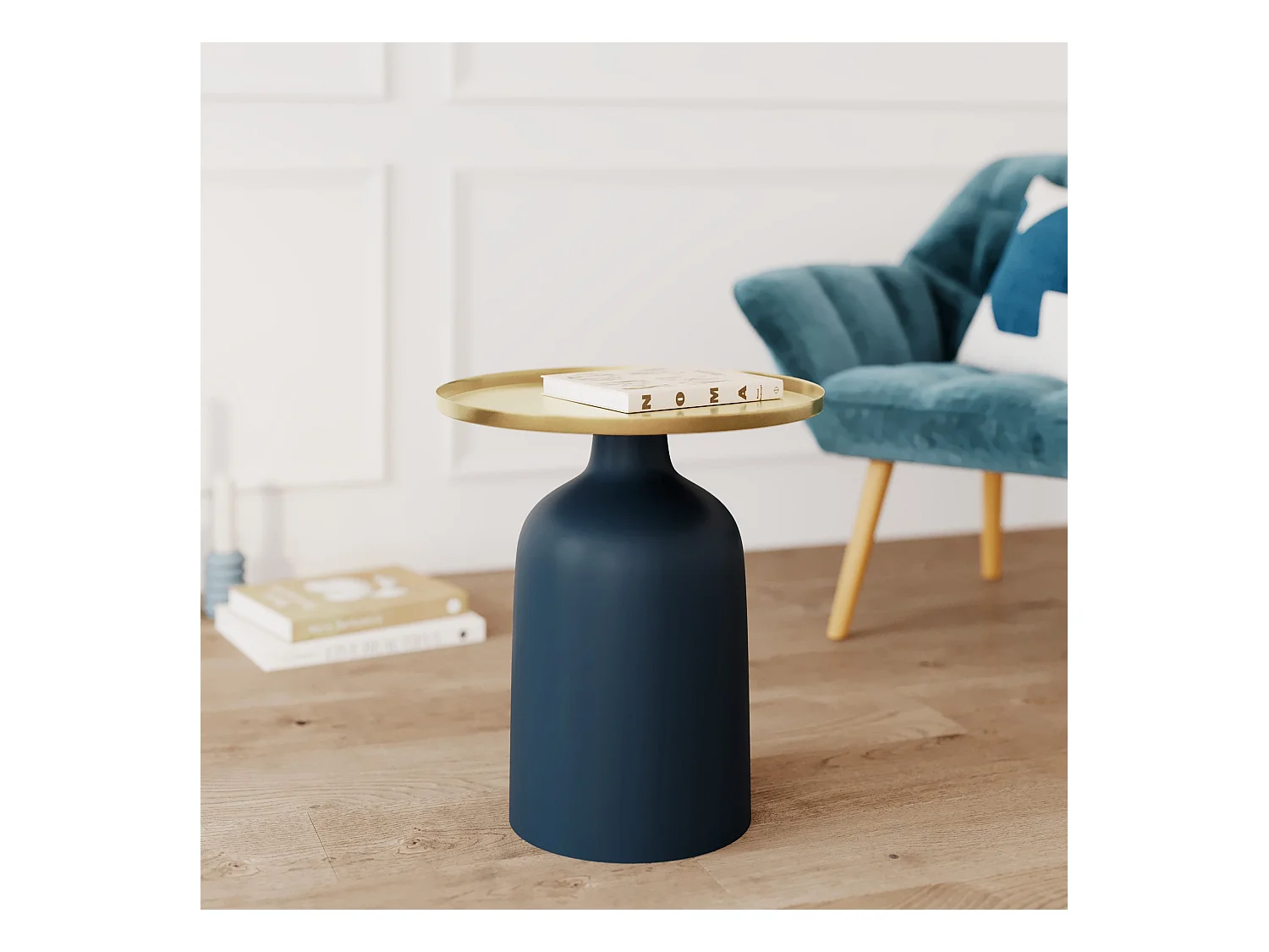 Mesa auxiliar redonda de metal azul y latón - Lyne