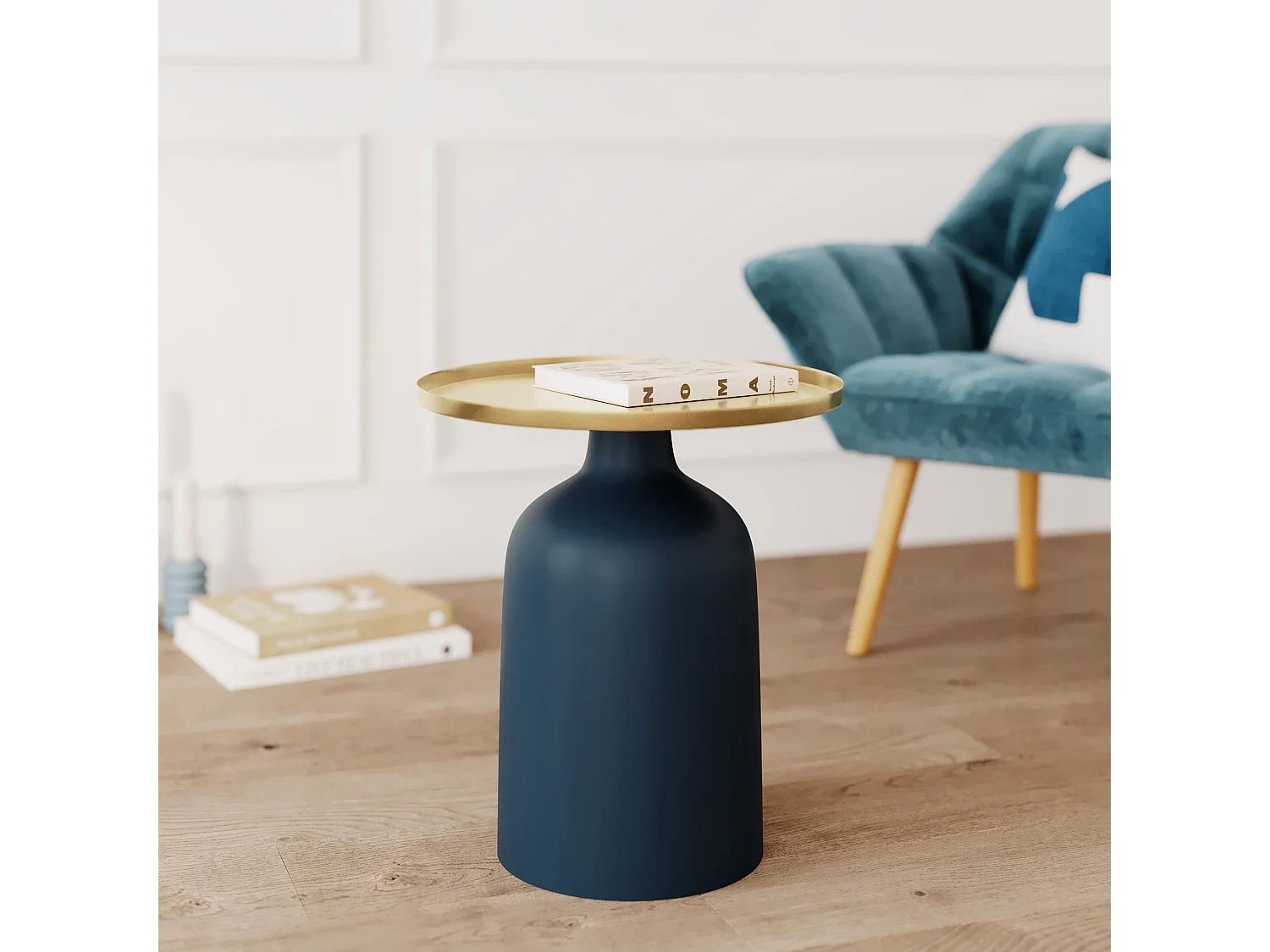 Table d'appoint ronde en métal bleu et laiton D45 cm - Lyne