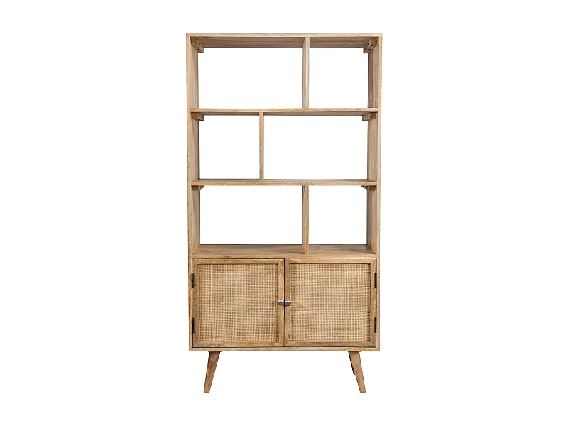 Etagère 6 niches 2 portes en cannage et bois de manguier - Cody