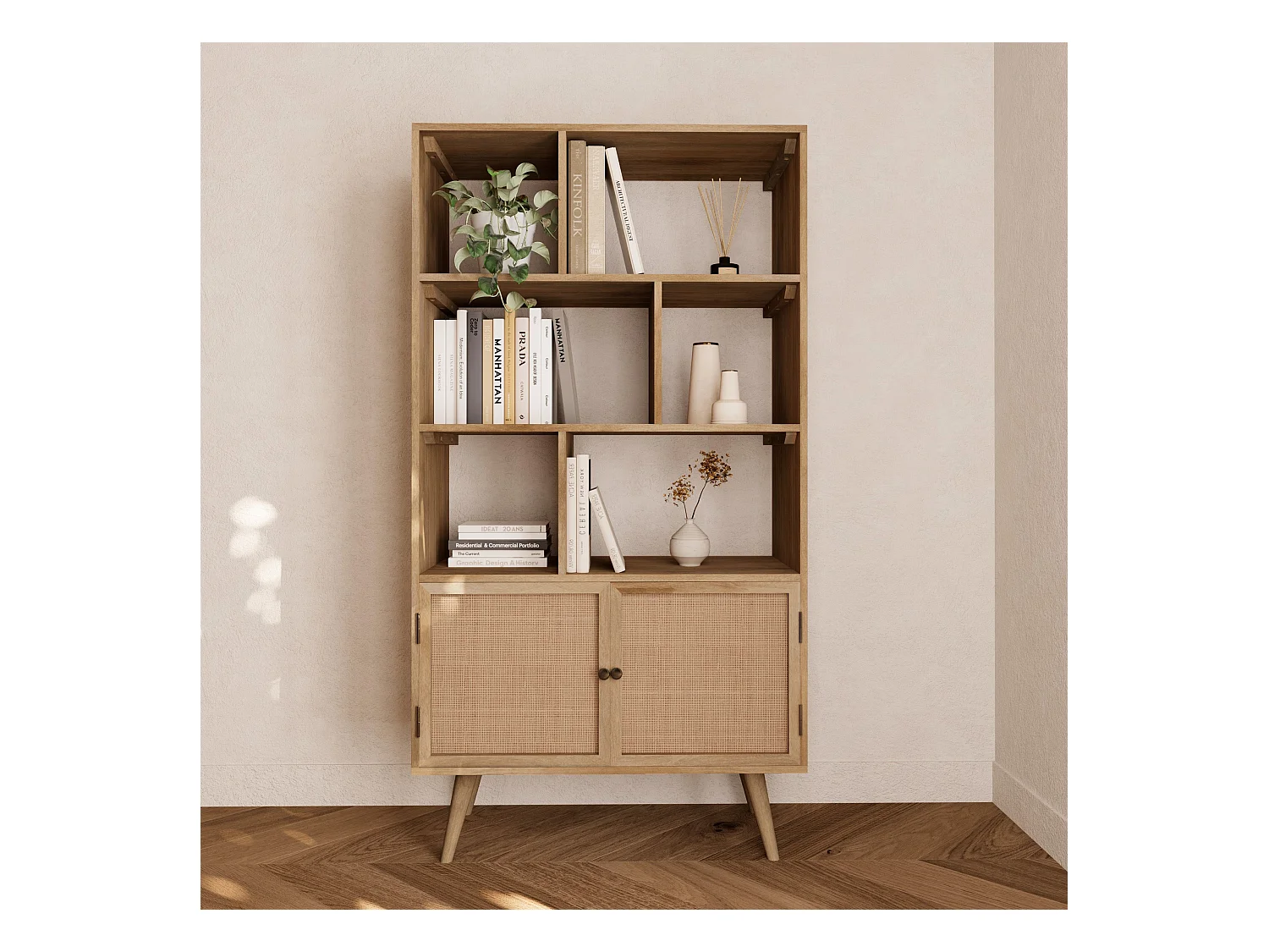 Etagère 6 niches 2 portes en cannage et bois de manguier - Cody