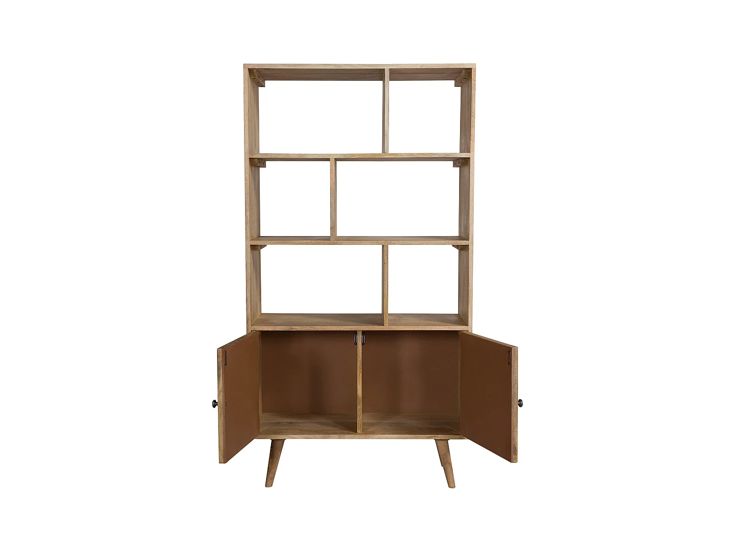 Etagère 6 niches 2 portes en cannage et bois de manguier - Cody