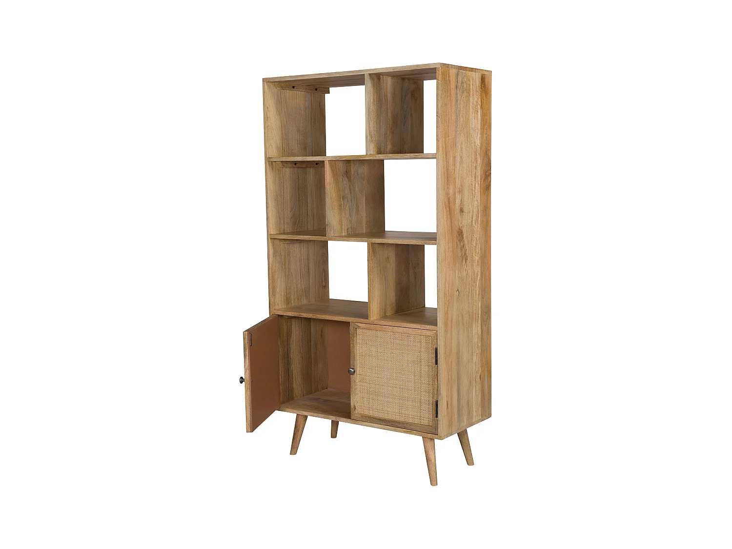Etagère 6 niches 2 portes en cannage et bois de manguier - Cody