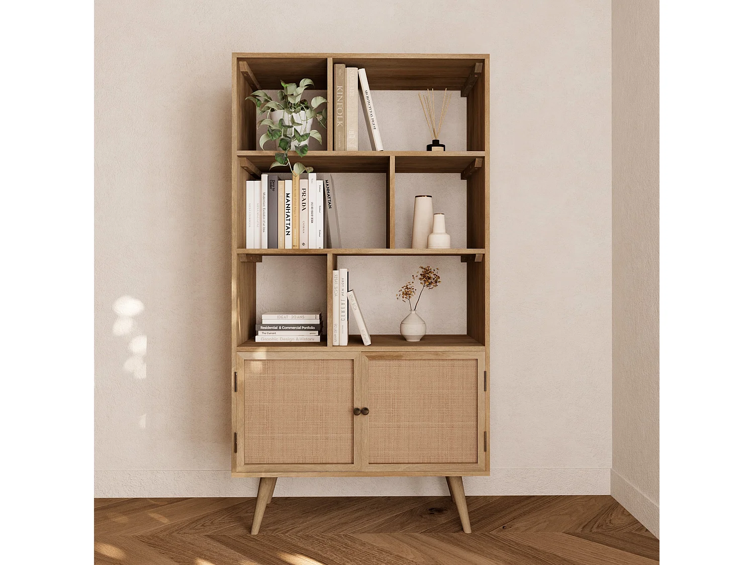 Scaffale a 6 nicchie 2 ante in legno di canna e mango - Cody