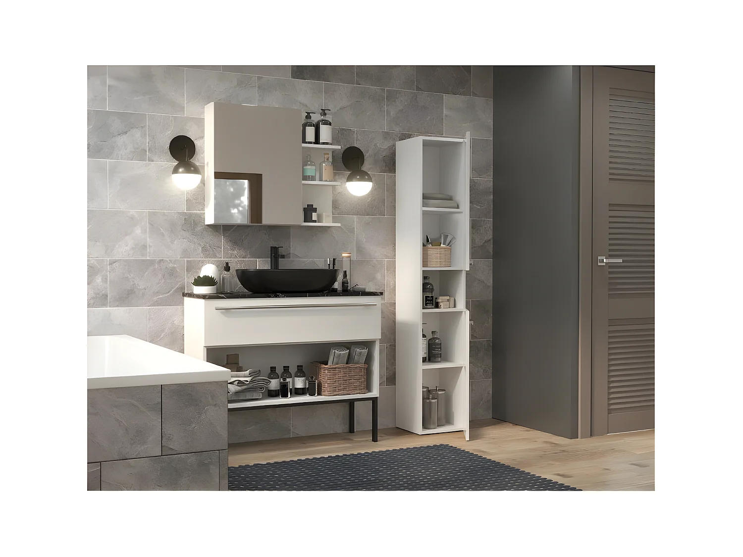 CDF Bad-Hochschrank NEL l | Farbe: Weiß | Modernes Badregal | Stauraumschrank | Geräumige Einlegeböden | Türen | Einfache Montage | Stilvolle Griffe