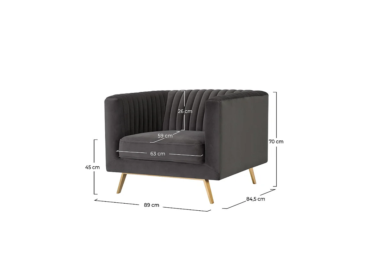 Sillón de terciopelo gris con patas de metal dorado - Gatsby