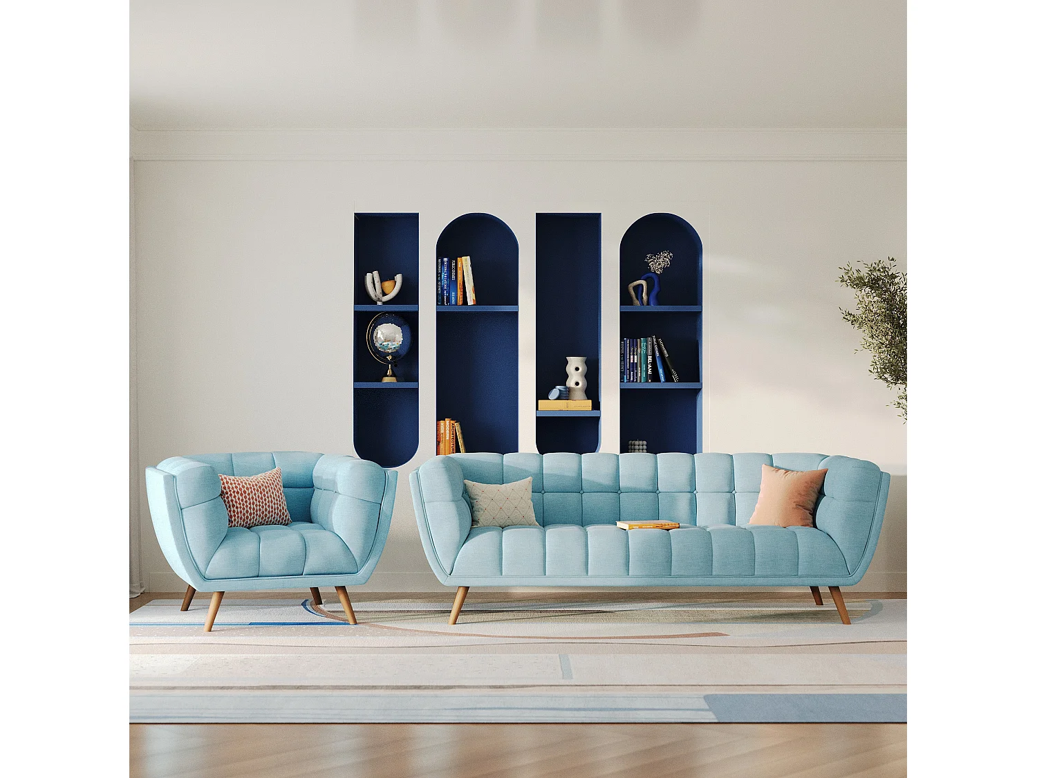 Fauteuil capitonné en tissu bleu clair - Carmen