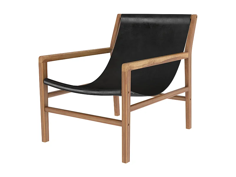 Fauteuil lounge en teck et cuir de vachette noir - Apache