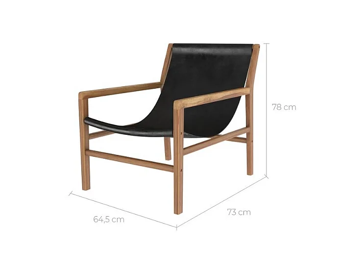 Fauteuil lounge en teck et cuir de vachette noir - Apache