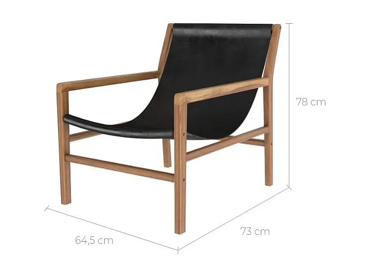 Poltrona lounge in teak e pelle nera - Apache