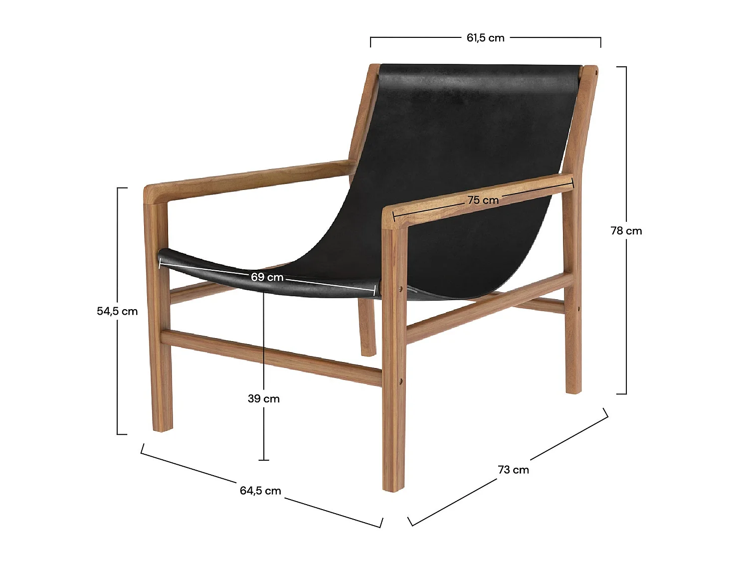 Lounge-Sessel aus Teakholz und schwarzem Rindsleder - Apache