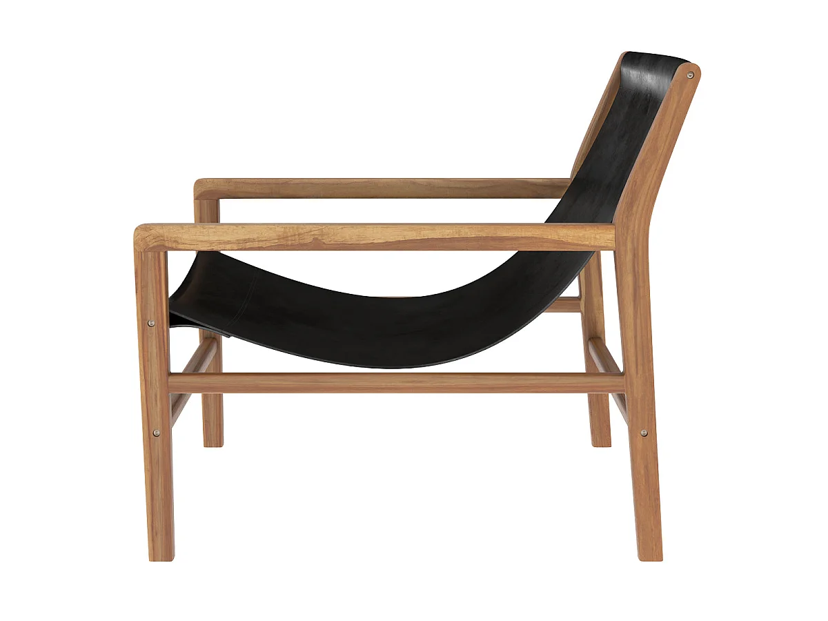 Lounge-Sessel aus Teakholz und schwarzem Rindsleder - Apache