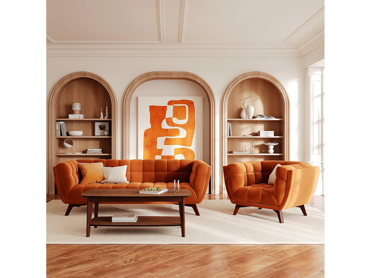 Fauteuil en velours orange curcuma - Mona