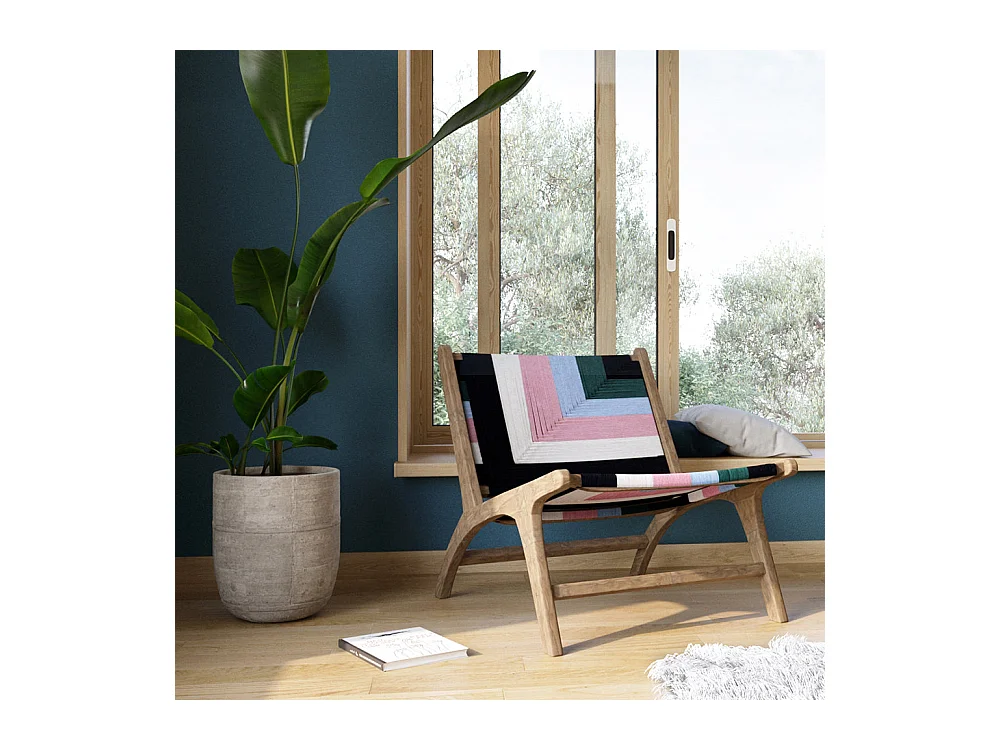 Sillón multicolor de lana tejida y madera de teca - Callie