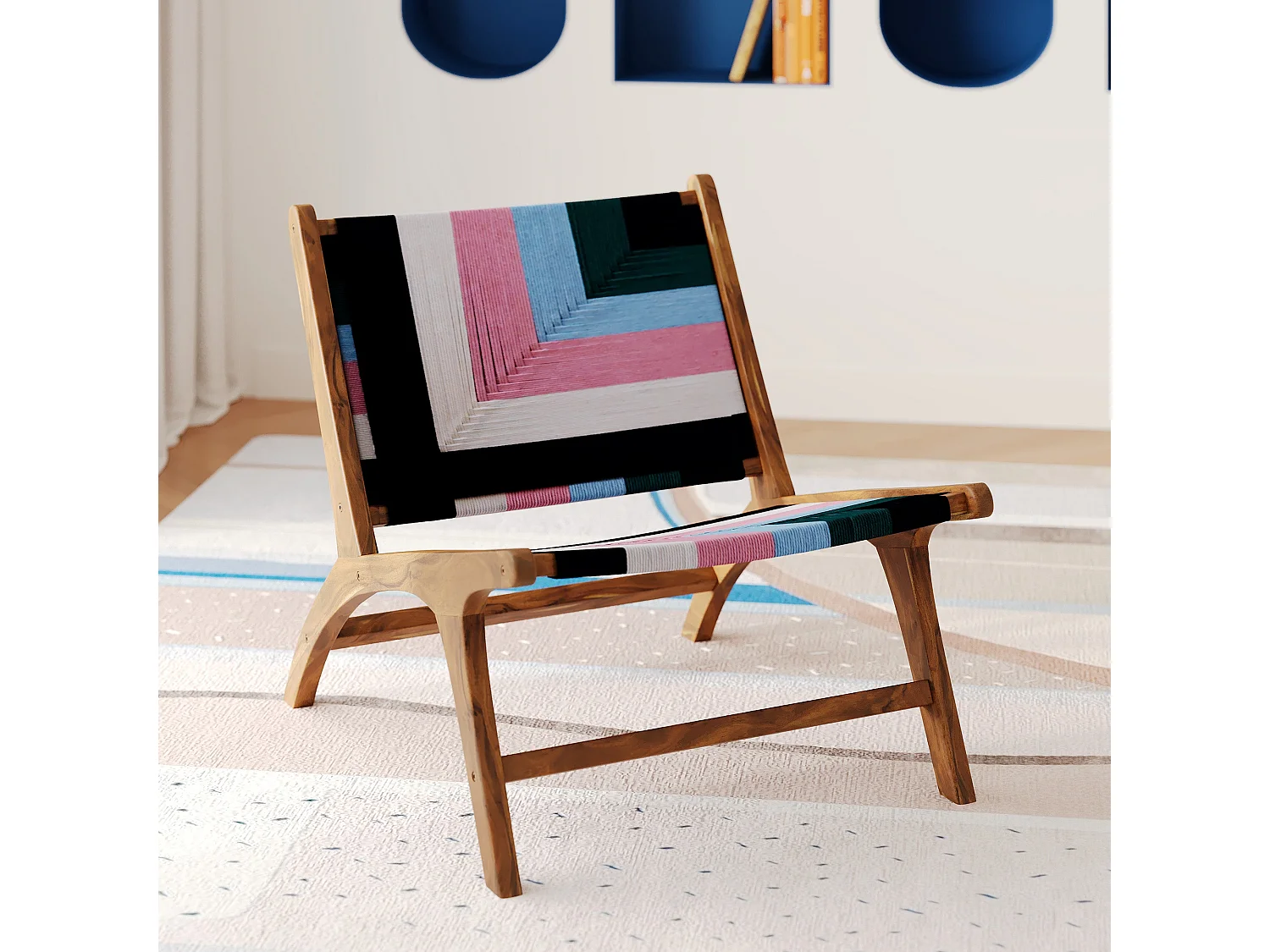 Fauteuil multicolore en fil de laine tressé et bois de teck - Callie