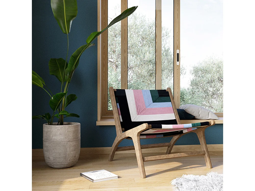 Fauteuil multicolore en fil de laine tressé et bois de teck - Callie