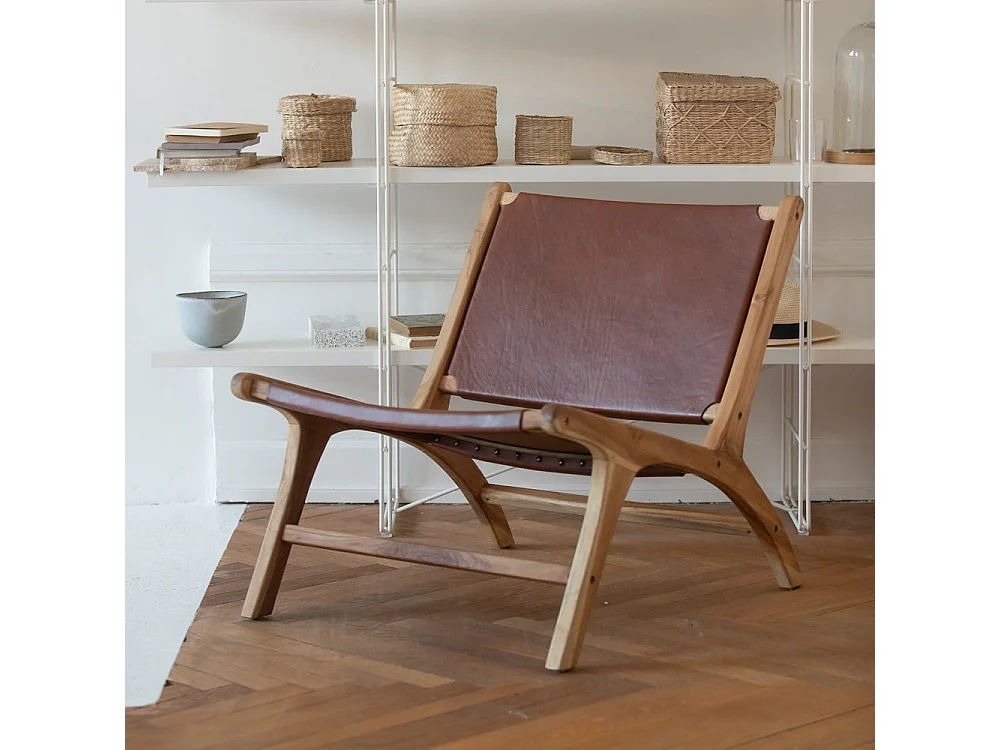 Poltrona in teak e pelle liscia marrone - Kuna