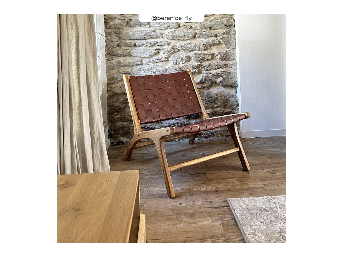 Sillón de teca y cuero tejido marrón - Kuna