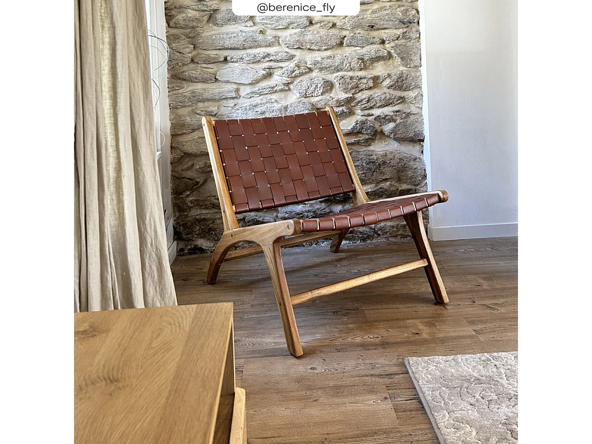Sillón de teca y cuero tejido marrón - Kuna