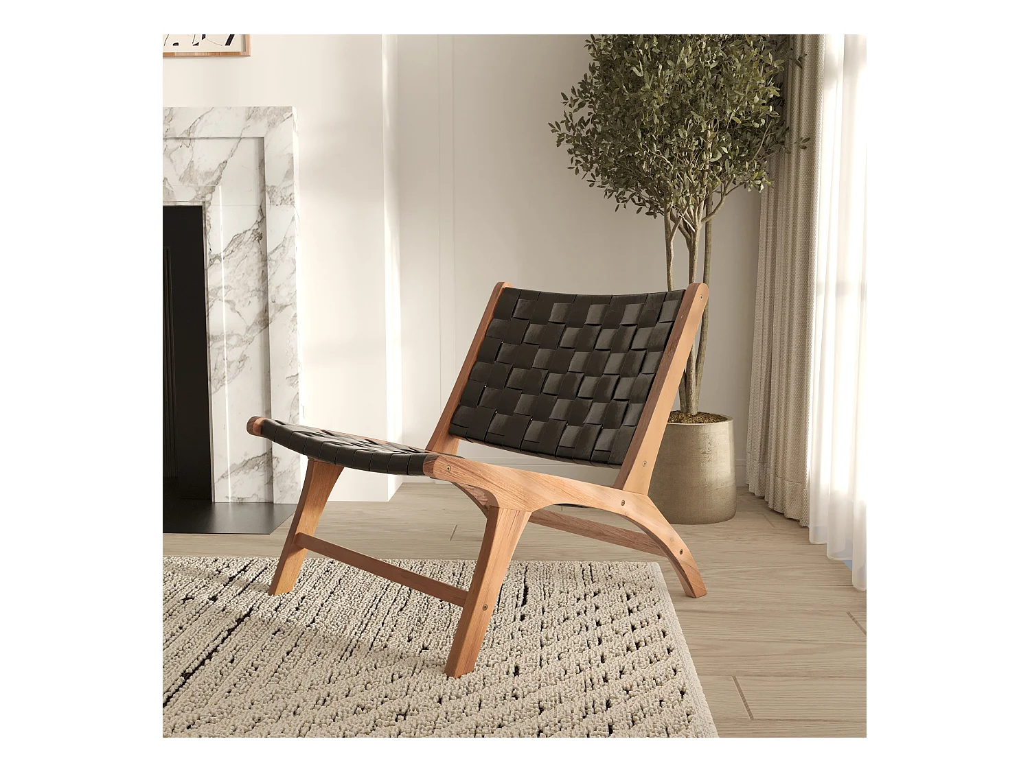 Poltrona in teak e pelle  intrecciata nera - Kuna