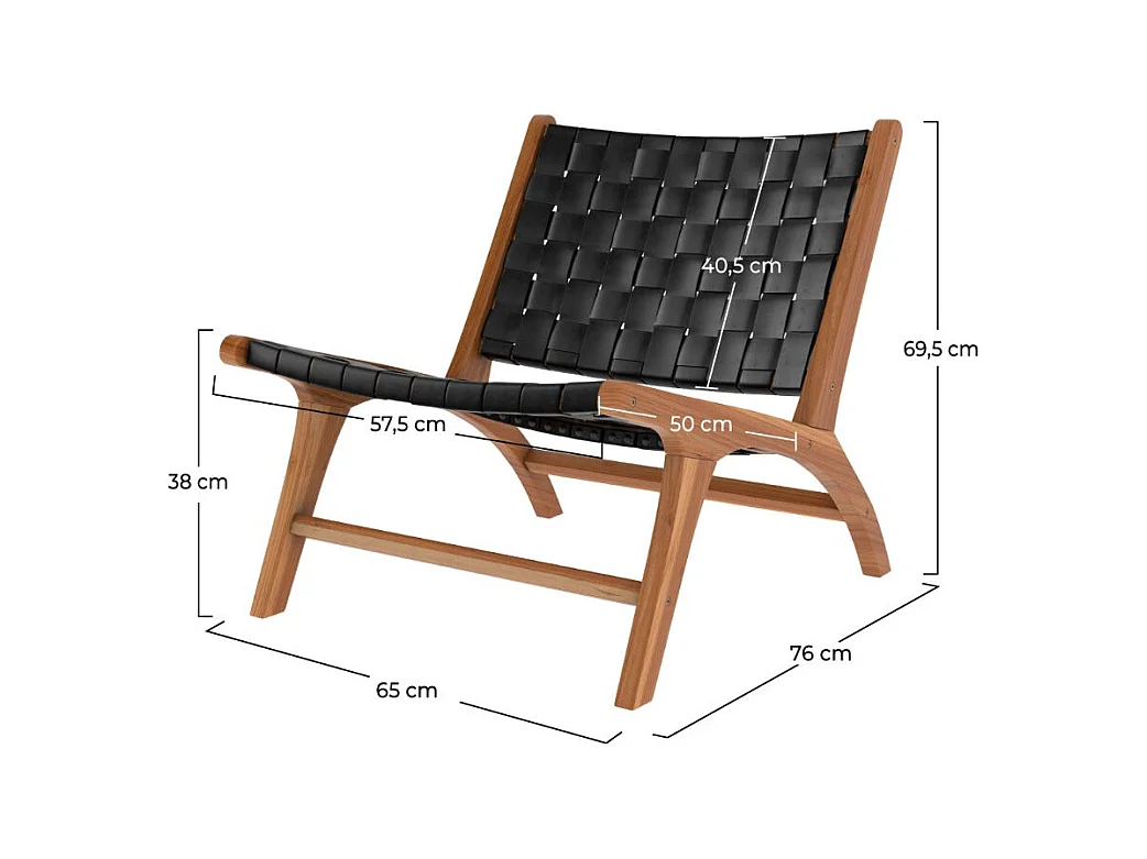 Poltrona in teak e pelle  intrecciata nera - Kuna