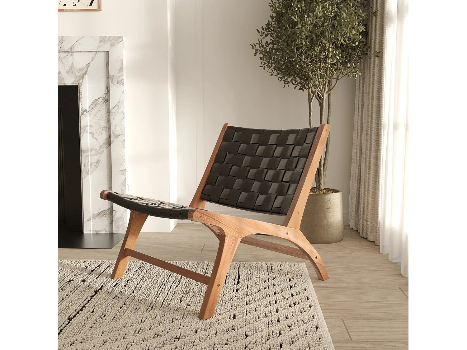 Sillón de teca y cuero tejido negro - Kuna